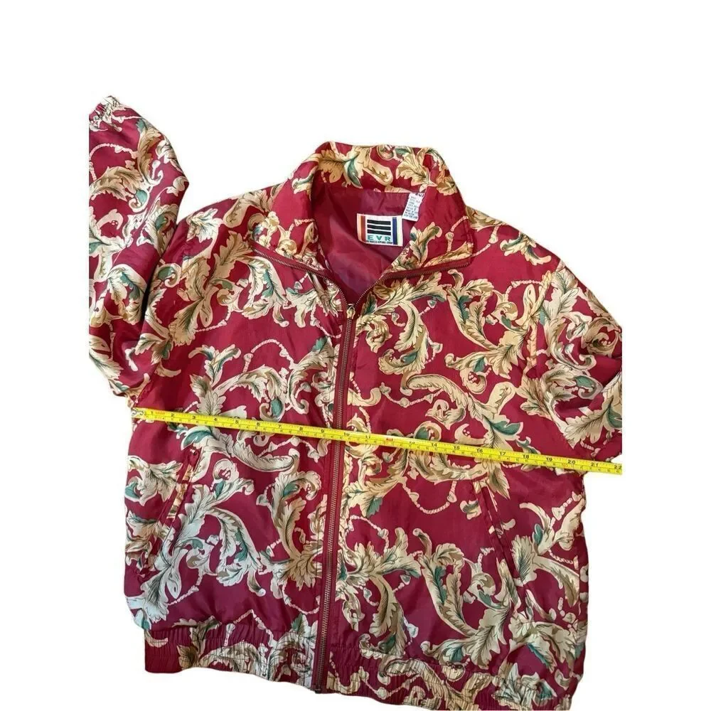 EVR DIV Rousso Apparel Vintage 100% Silk Women's Bomber Jacket Leaves Tan Red Sz